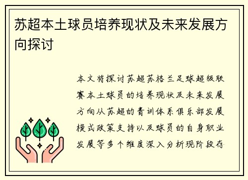 苏超本土球员培养现状及未来发展方向探讨